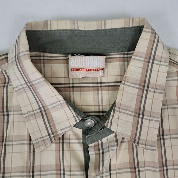 Southpole Men's XXL Plaid Short Sleeve Button Up Shirt Beige Tan Cotton Vintage - Picture 2 of 14